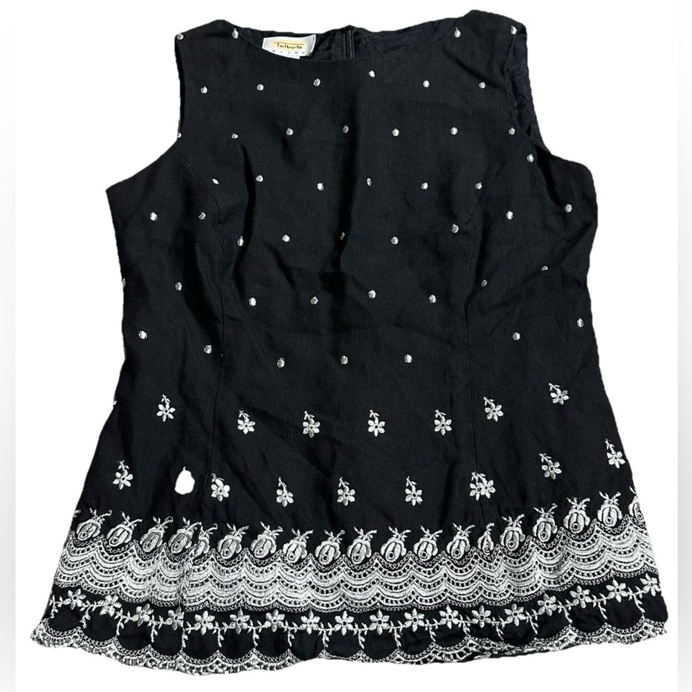 Talbots Petite Sophisticated Woman’s Size 6 Black Sleeveless White Embroidered